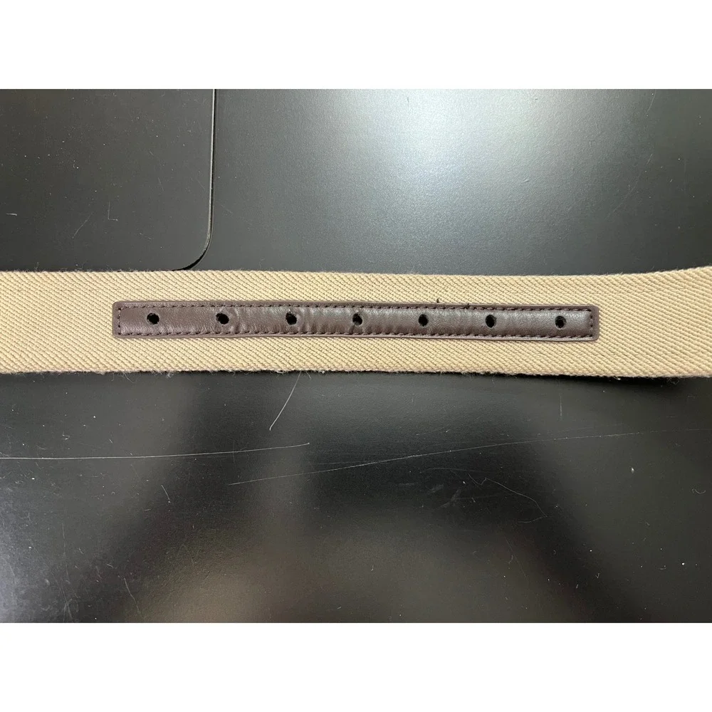 Mens Tan Canvas and Brown Faux Leather Casual Belt Silver Buckle 48‎ Inch Length